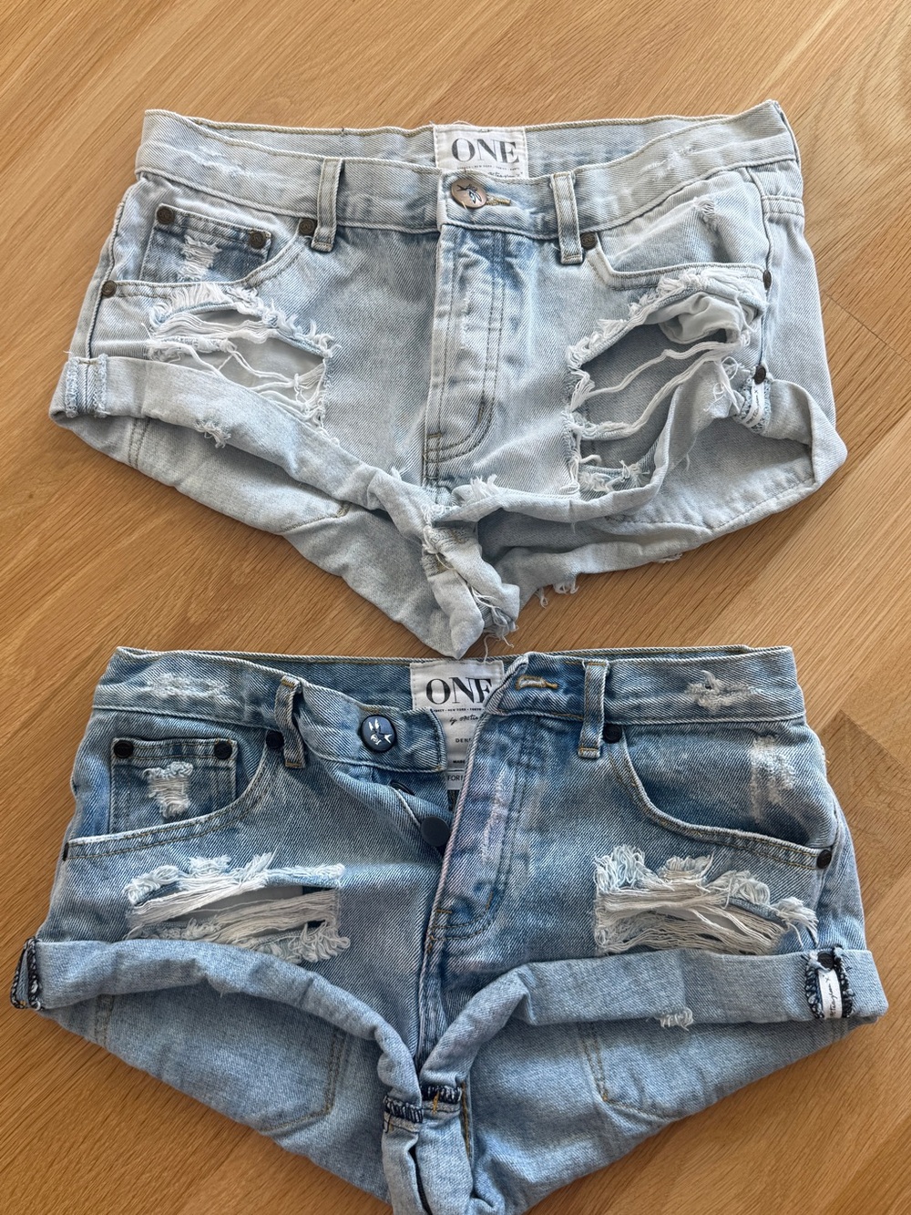 One Teaspoon Light Blue & Medium Blue Distressed Denim Jean Shorts (2-Pack)